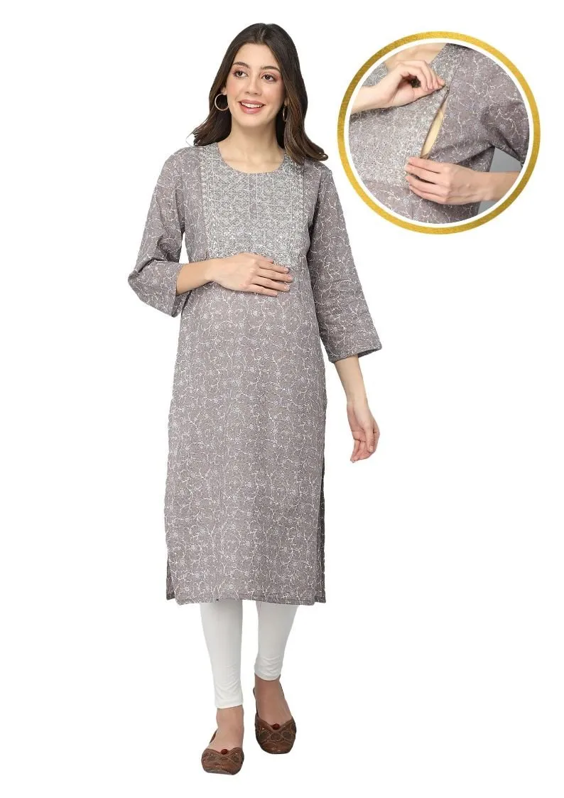 Grey and White Embroidery & Sequins Maternity Kurtis