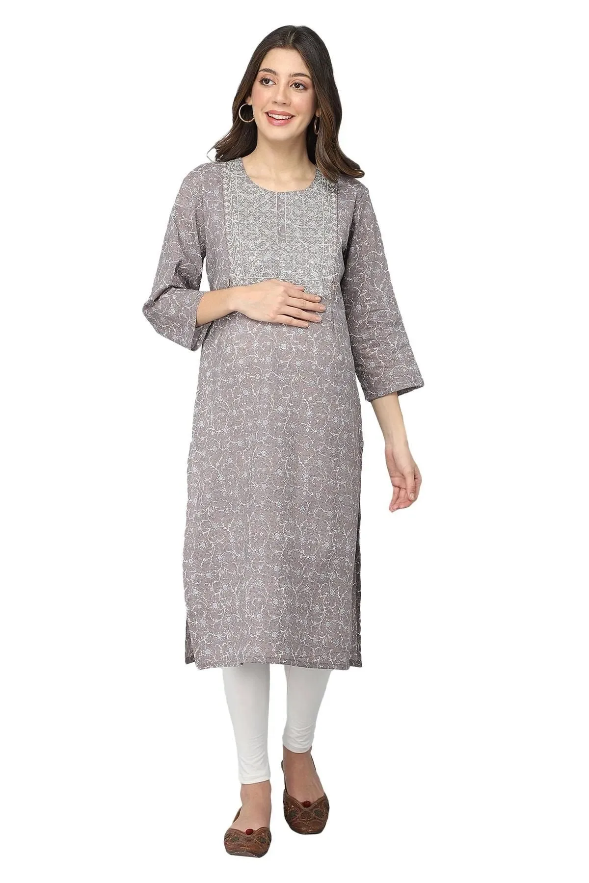 Grey and White Embroidery & Sequins Maternity Kurtis