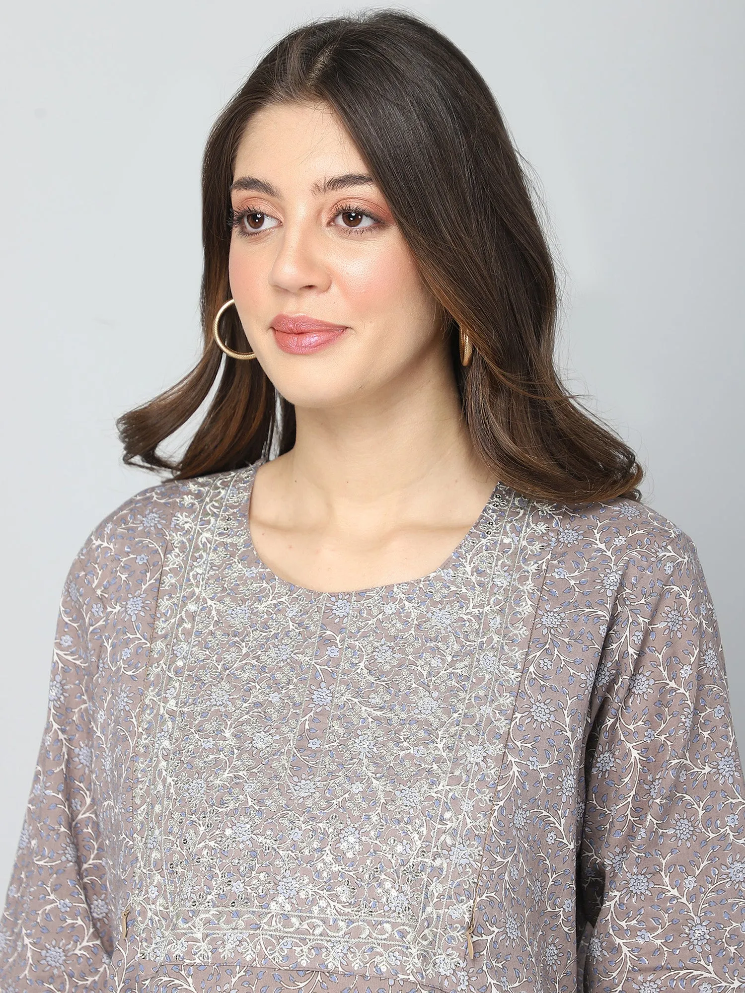 Grey and White Embroidery & Sequins Maternity Kurtis