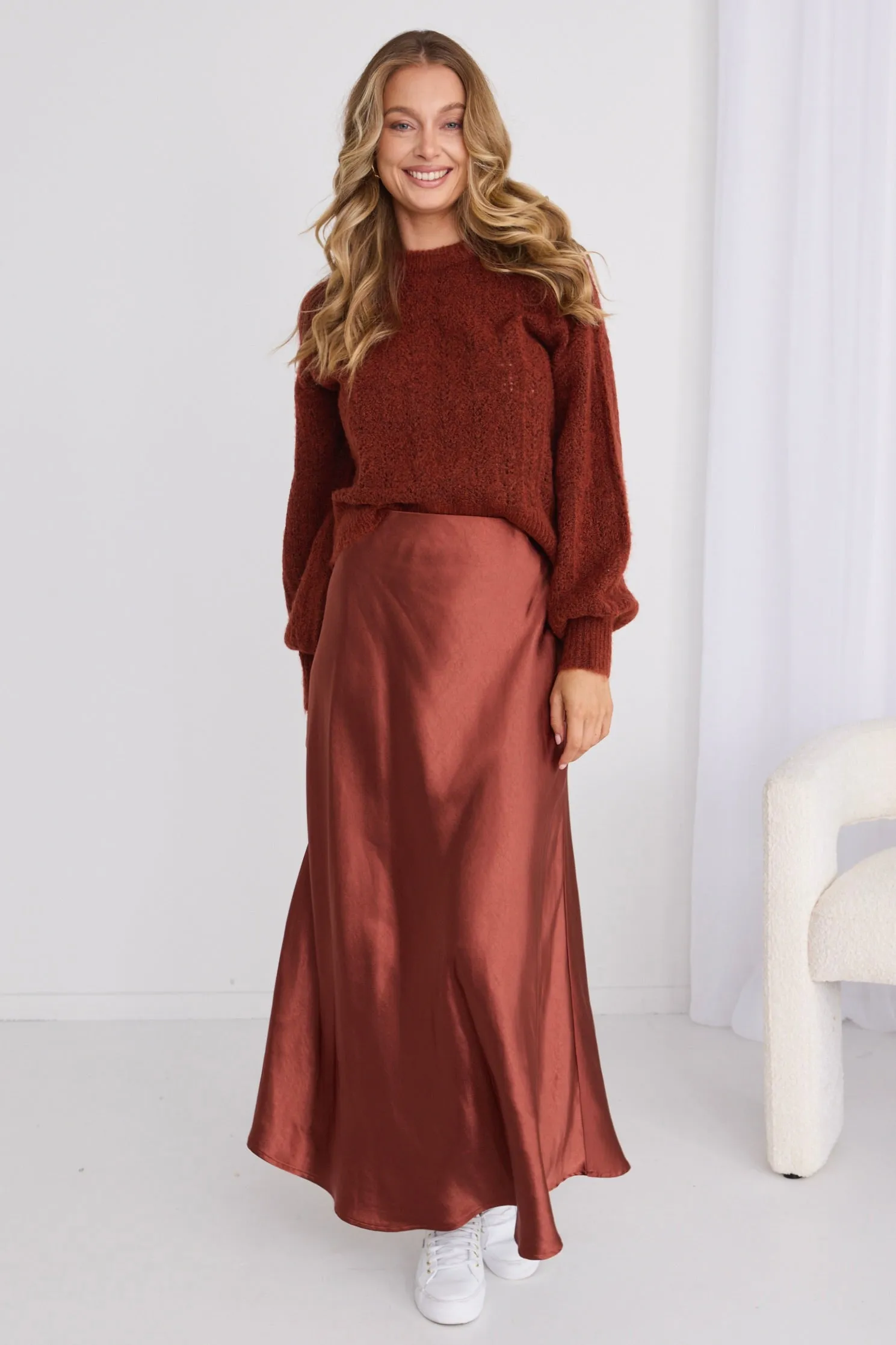 Haven Copper Satin Bias Cut Floaty Maxi Skirt