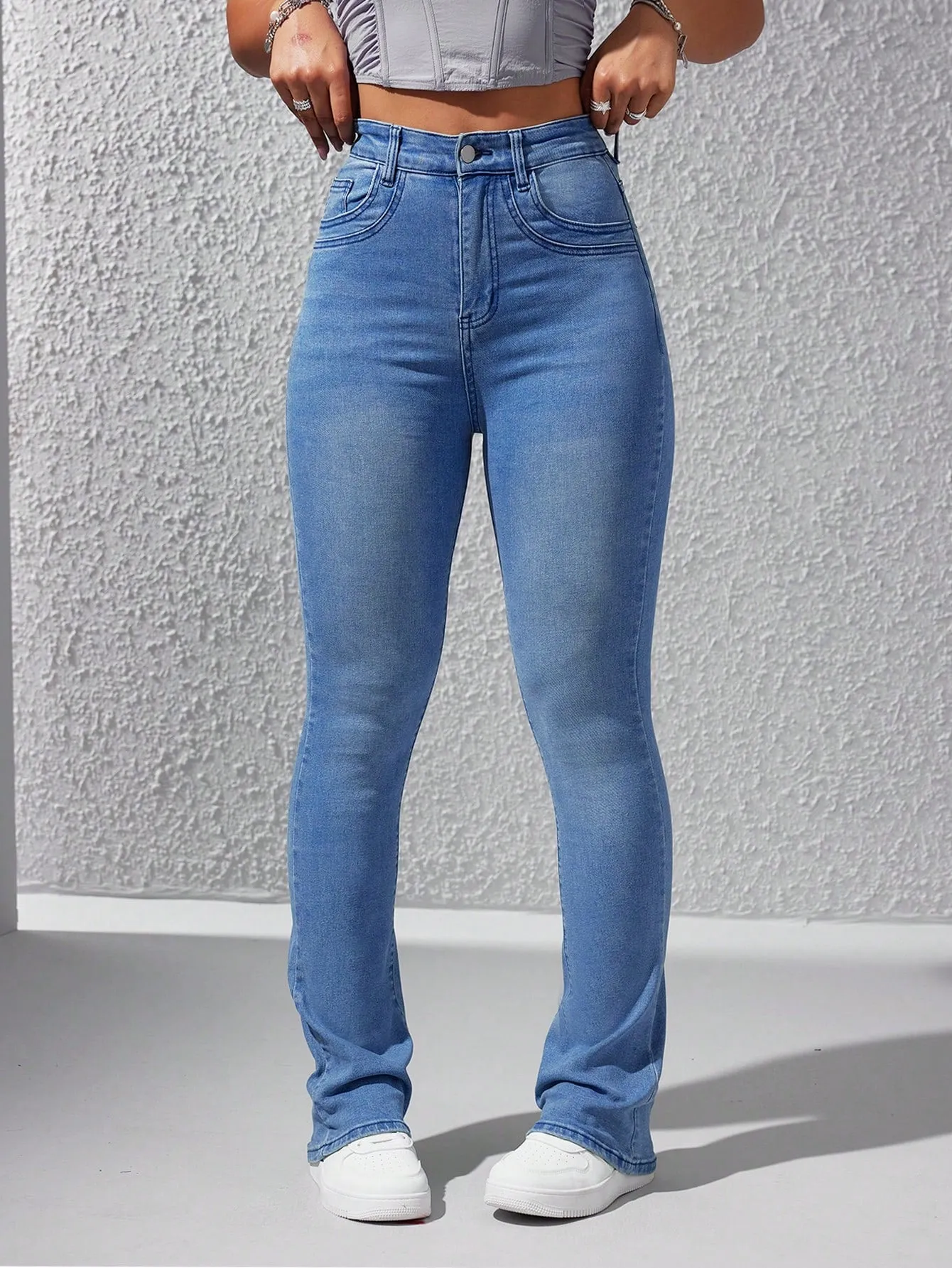 High Waist Bleach Wash Flare Leg Jeans