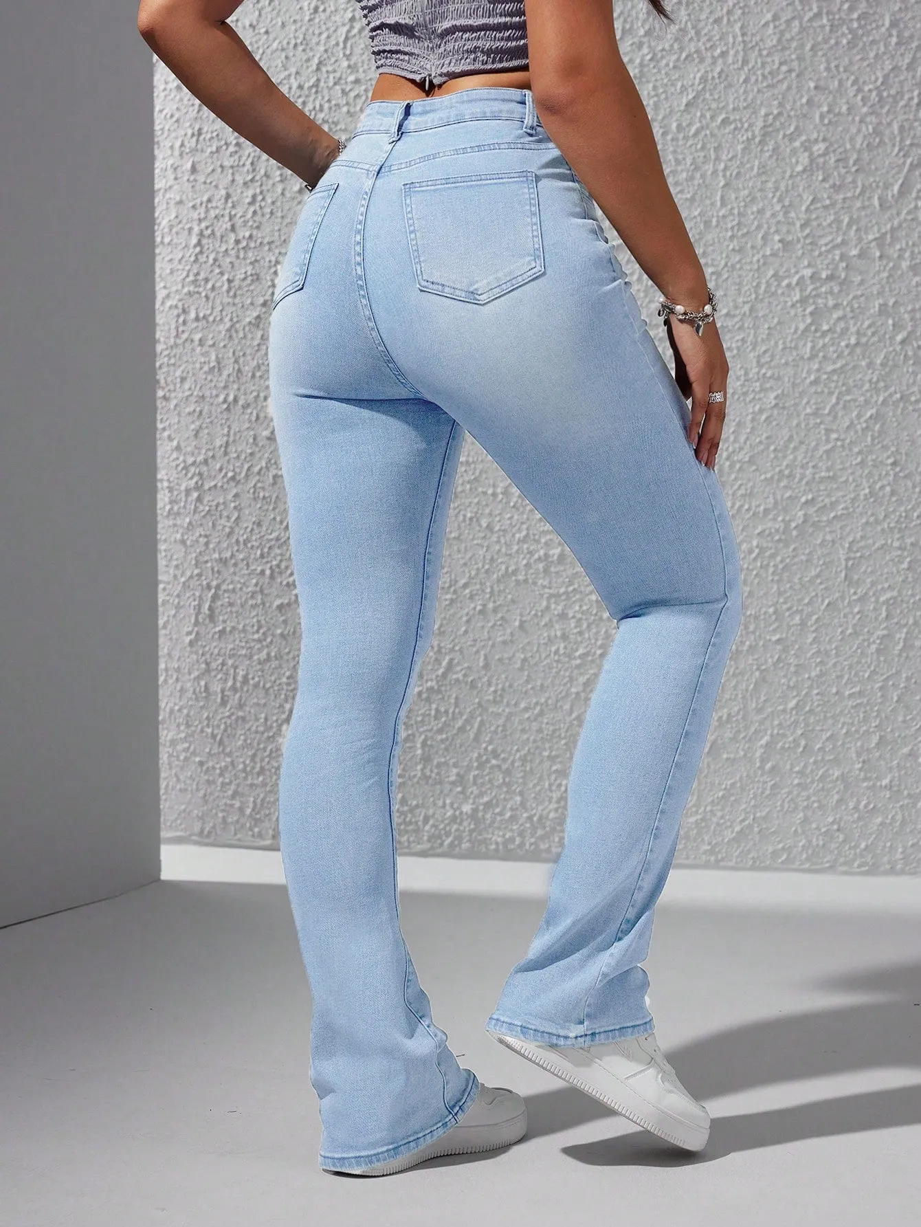 High Waist Bleach Wash Flare Leg Jeans