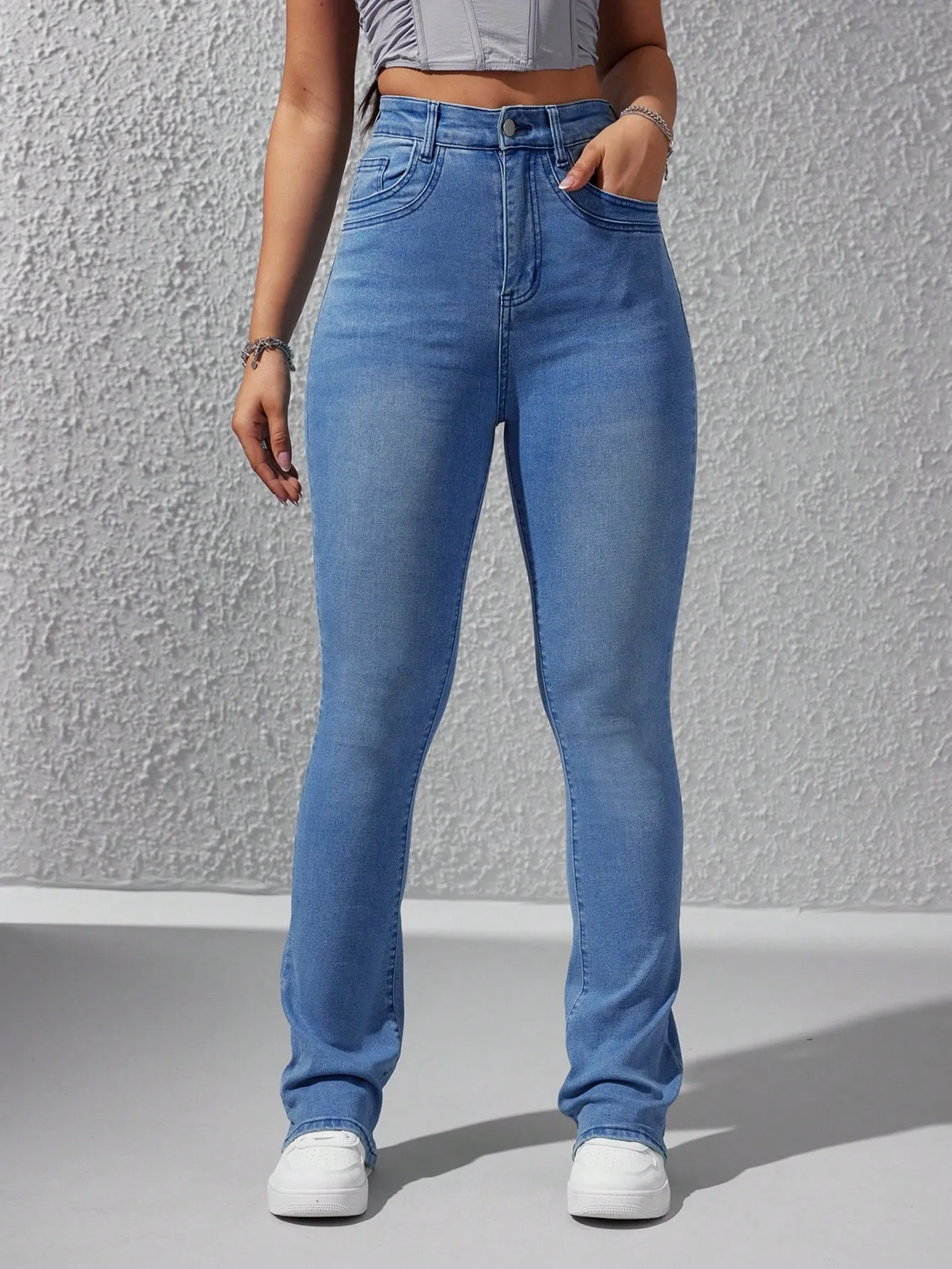 High Waist Bleach Wash Flare Leg Jeans