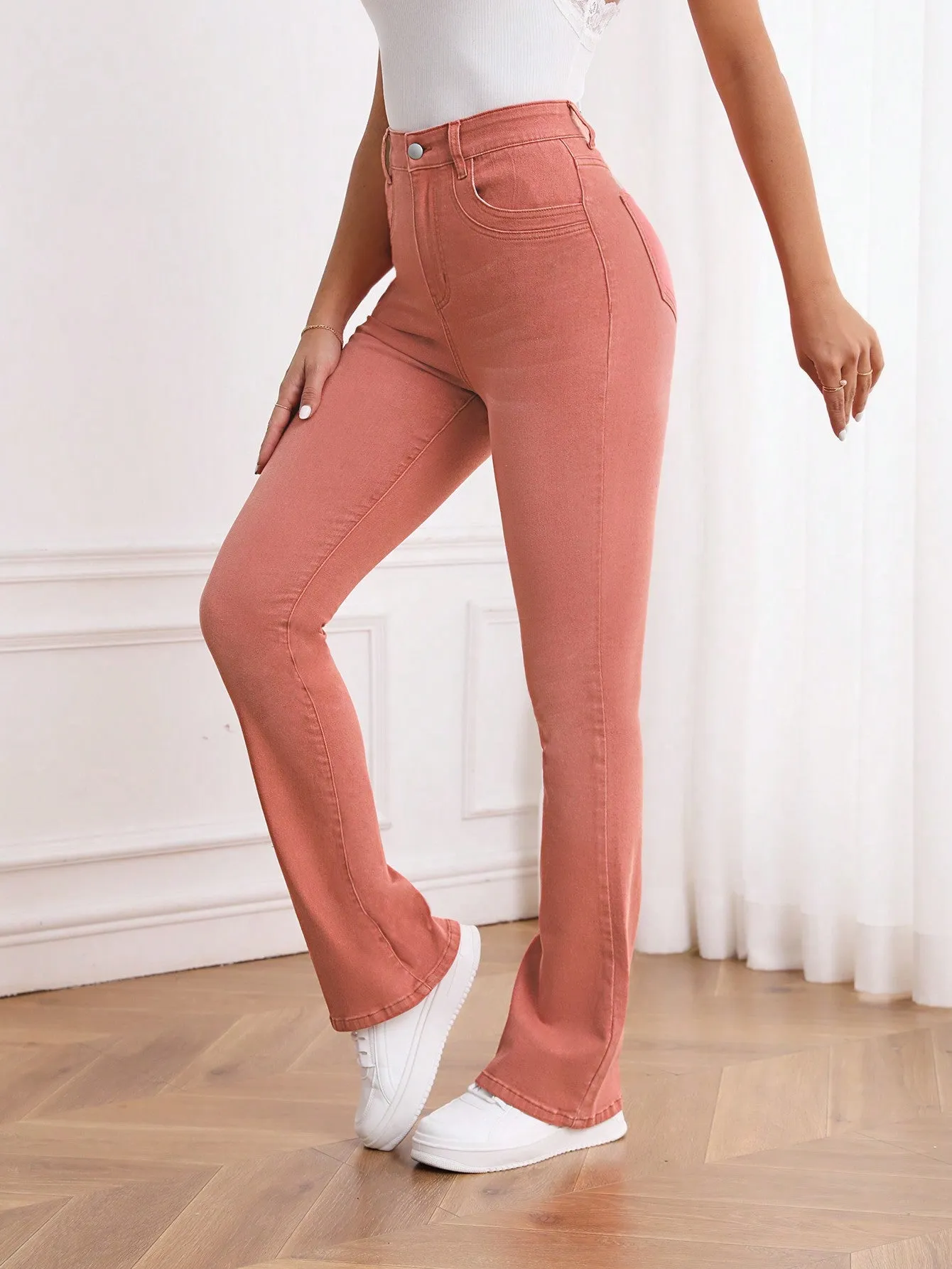 High Waist Bleach Wash Flare Leg Jeans