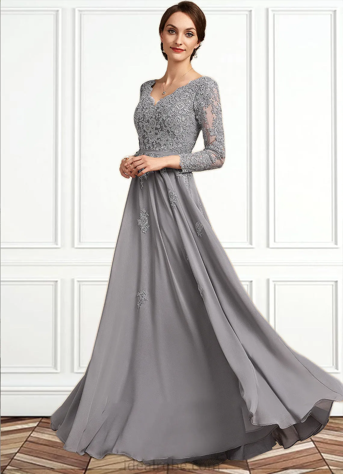 Josephine A-Line V-neck Floor-Length Chiffon Lace Mother of the Bride Dress STK126P0014881