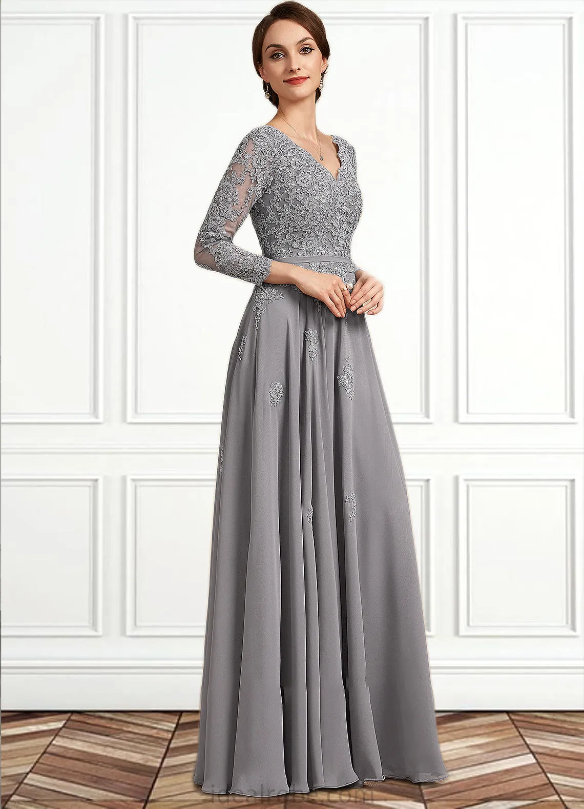 Josephine A-Line V-neck Floor-Length Chiffon Lace Mother of the Bride Dress STK126P0014881