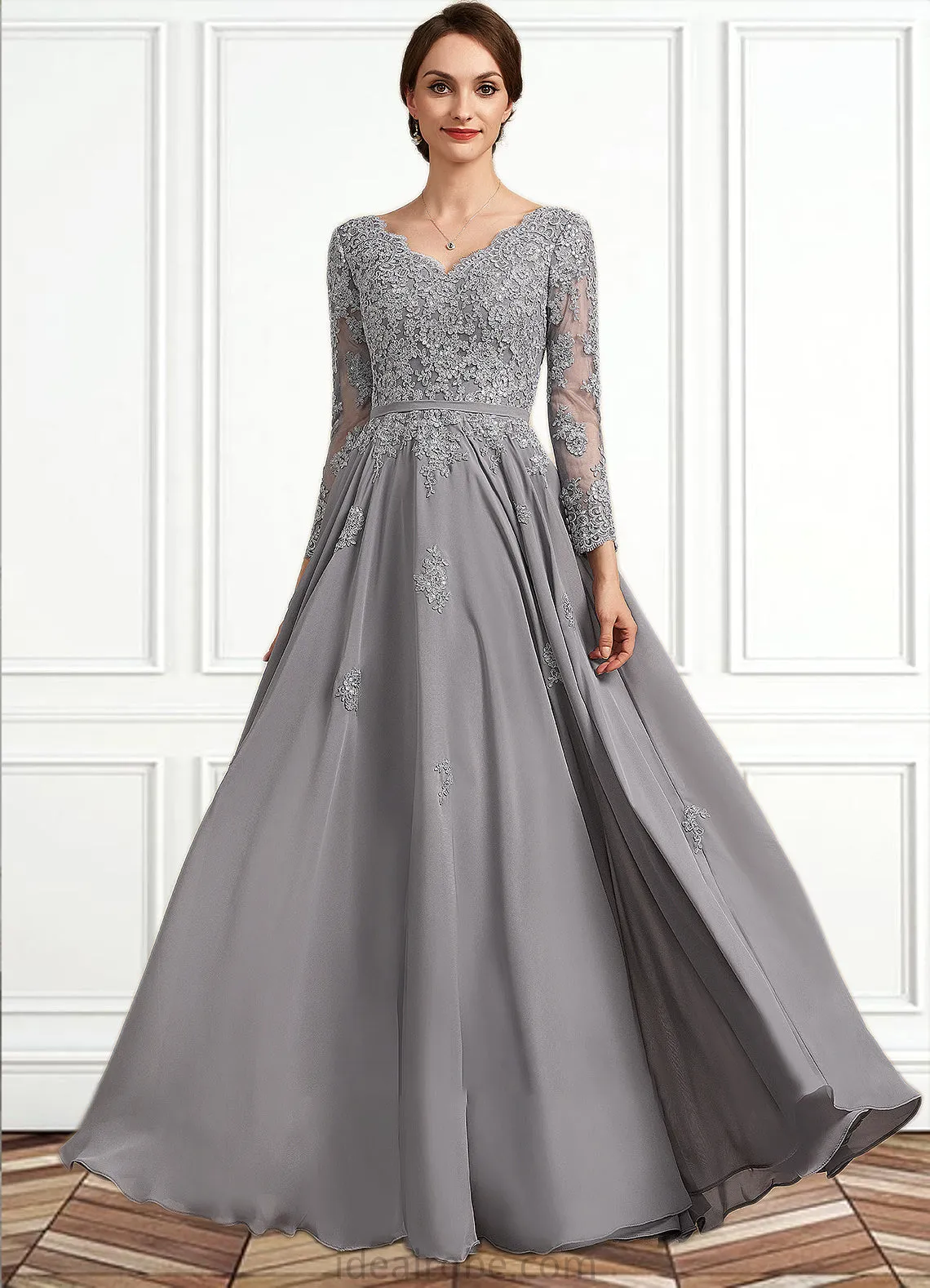 Josephine A-Line V-neck Floor-Length Chiffon Lace Mother of the Bride Dress STK126P0014881