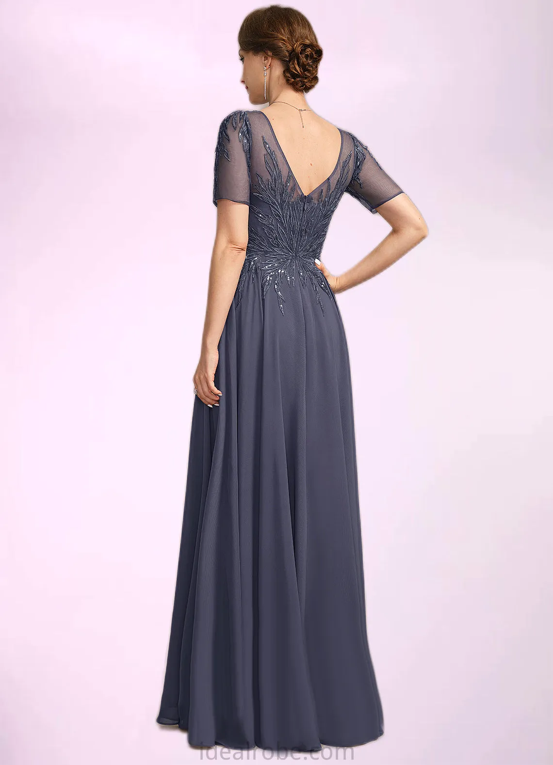 Lilyana A-line V-Neck Illusion Floor-Length Chiffon Lace Mother of the Bride Dress With Sequins STKP0021867