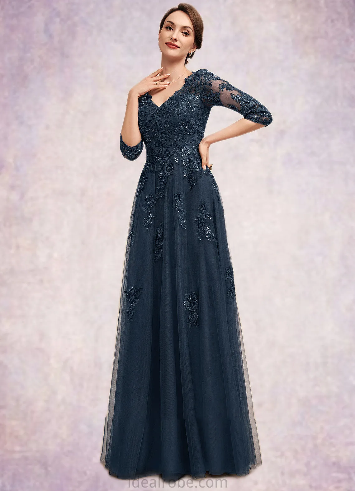 Mackenzie A-Line V-neck Floor-Length Tulle Lace Mother of the Bride Dress With Sequins STK126P0014543