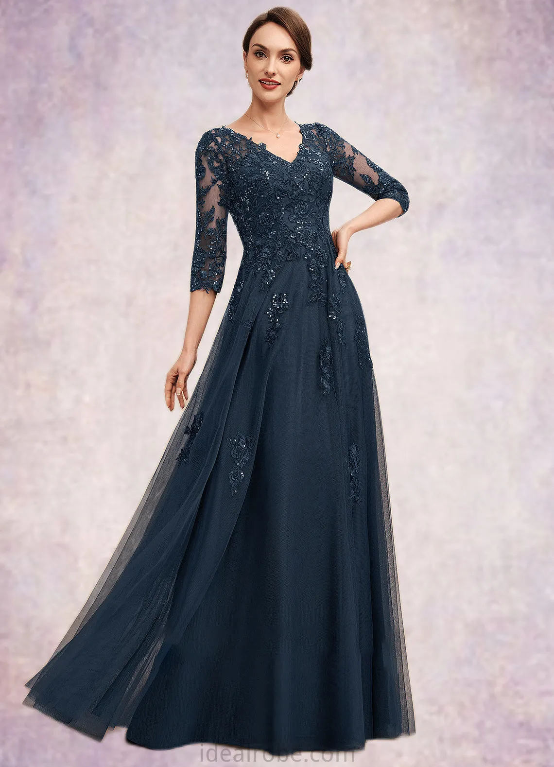 Mackenzie A-Line V-neck Floor-Length Tulle Lace Mother of the Bride Dress With Sequins STK126P0014543