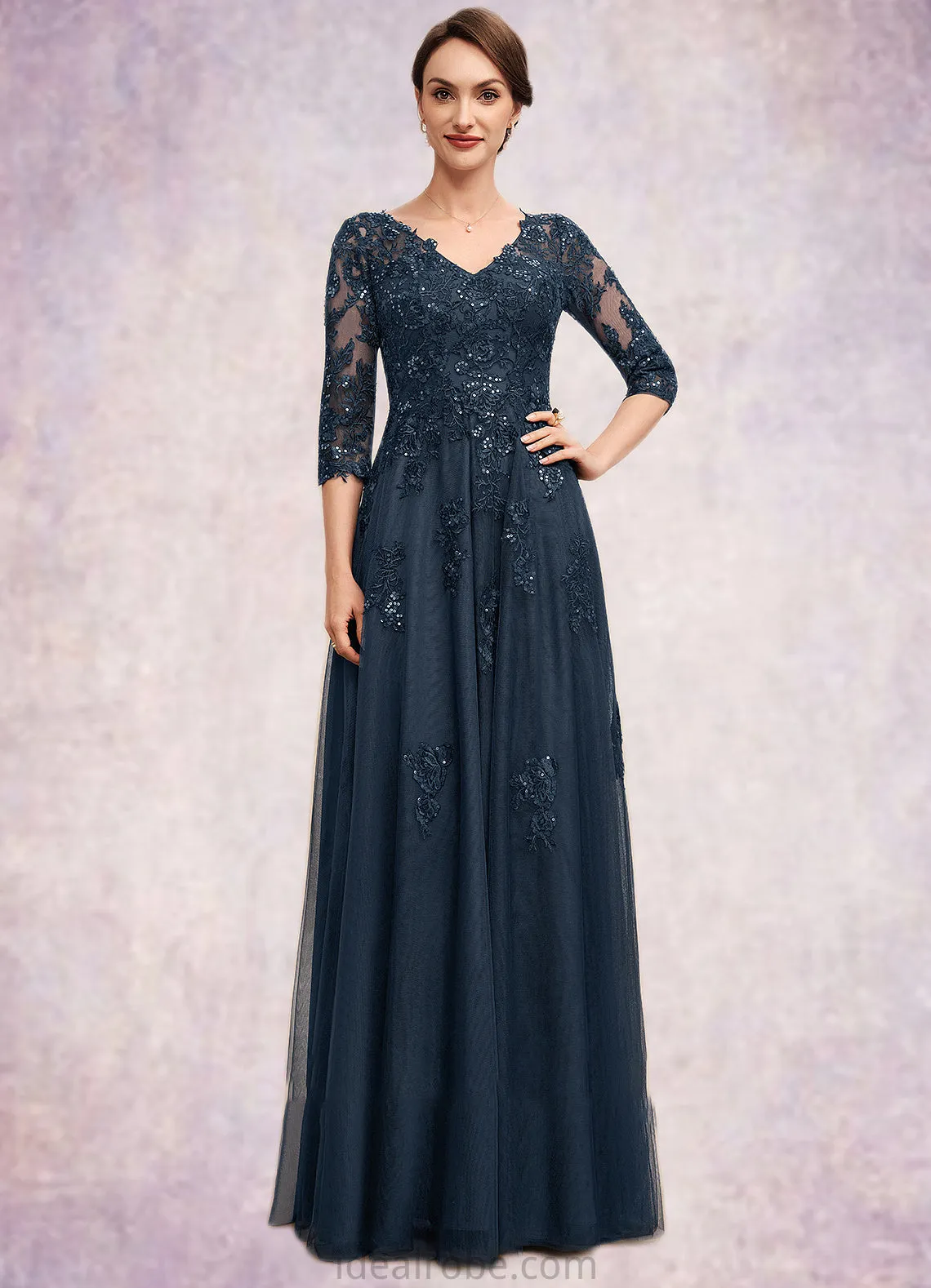 Mackenzie A-Line V-neck Floor-Length Tulle Lace Mother of the Bride Dress With Sequins STK126P0014543