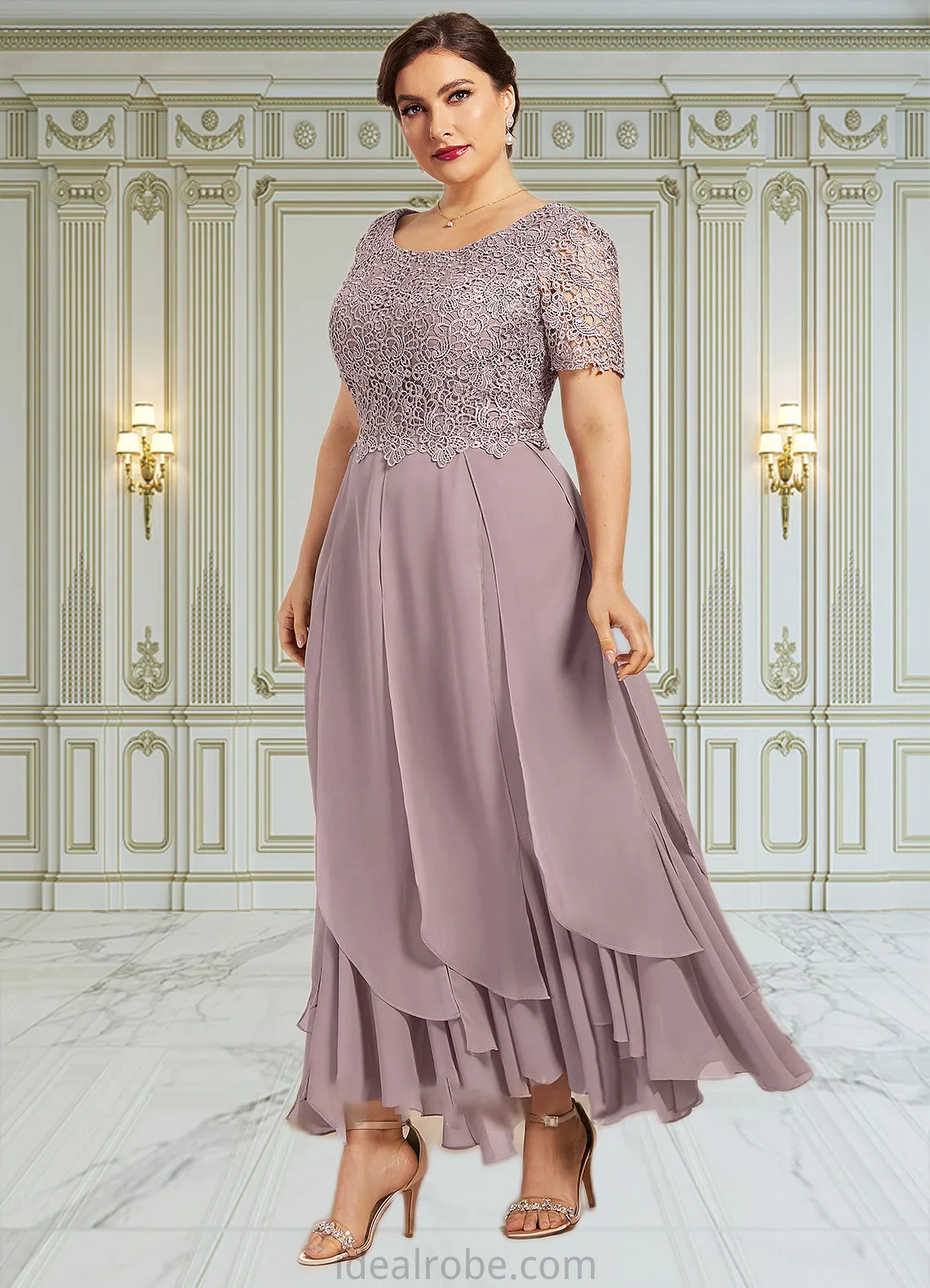 Madelyn A-Line Scoop Neck Ankle-Length Chiffon Lace Mother of the Bride Dress With Cascading Ruffles STK126P0014555