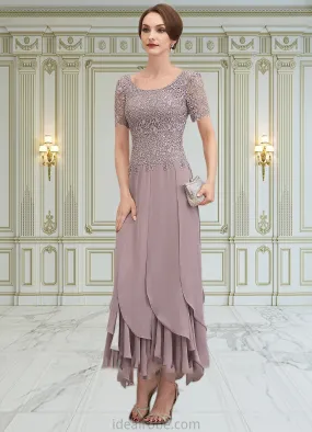 Madelyn A-Line Scoop Neck Ankle-Length Chiffon Lace Mother of the Bride Dress With Cascading Ruffles STK126P0014555