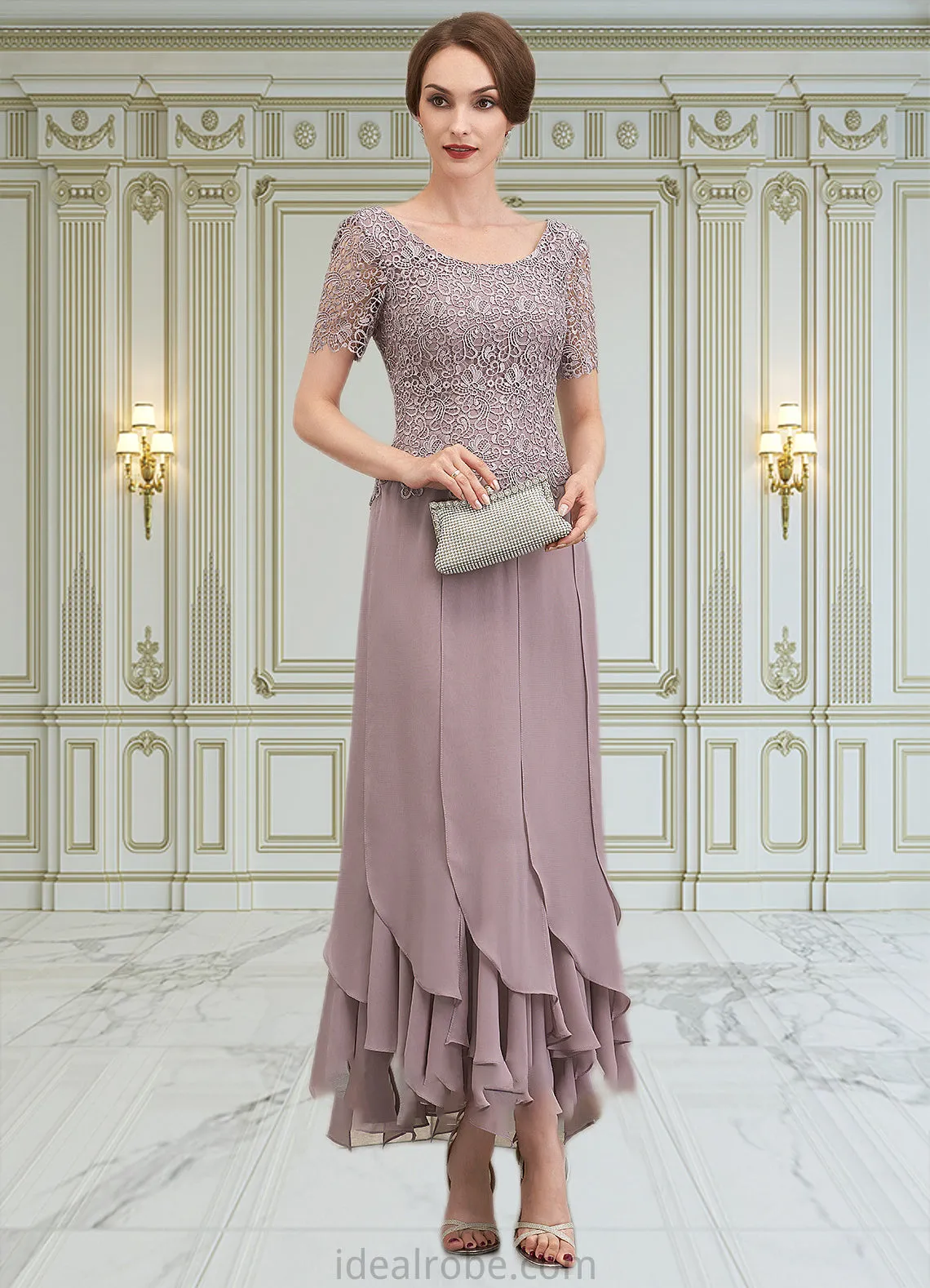 Madelyn A-Line Scoop Neck Ankle-Length Chiffon Lace Mother of the Bride Dress With Cascading Ruffles STK126P0014555