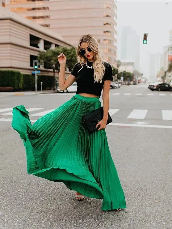 Maxi Chiffon Satin Women's Skirt in Black, Pink, and Green with Pleated Patchwork