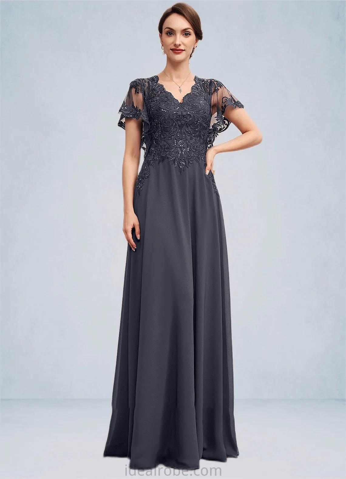 Meredith A-line V-Neck Floor-Length Chiffon Lace Mother of the Bride Dress With Sequins STK126P0014542