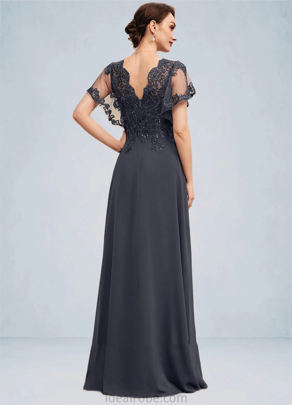 Meredith A-line V-Neck Floor-Length Chiffon Lace Mother of the Bride Dress With Sequins STK126P0014542