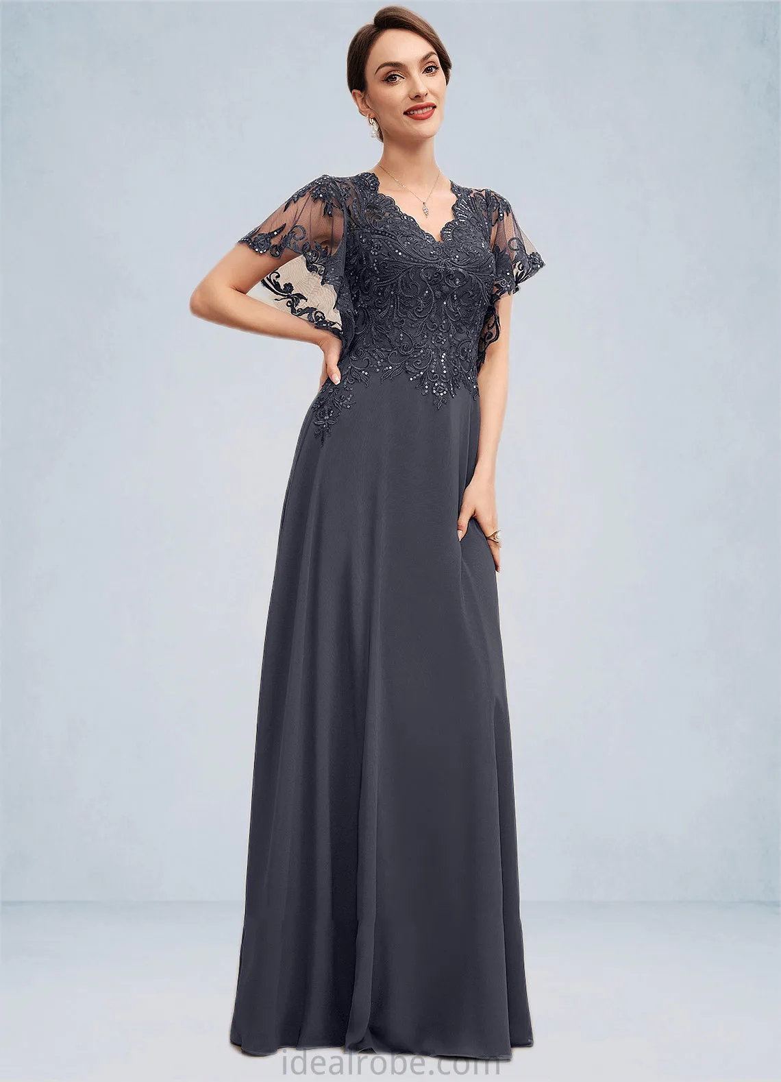 Meredith A-line V-Neck Floor-Length Chiffon Lace Mother of the Bride Dress With Sequins STK126P0014542