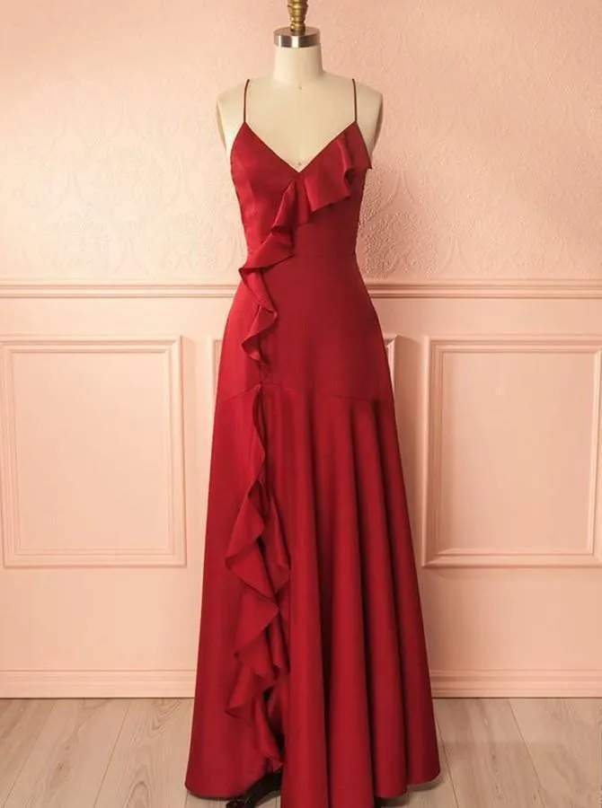 Mermaid Spaghetti Straps Red Satin Prom Dresses with Ruffles Long Party Dress