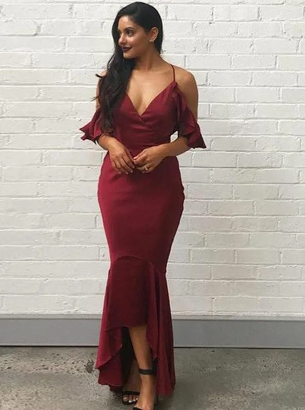 Mermaid Spaghetti Straps Wine Dark Red Bridesmaid Dress