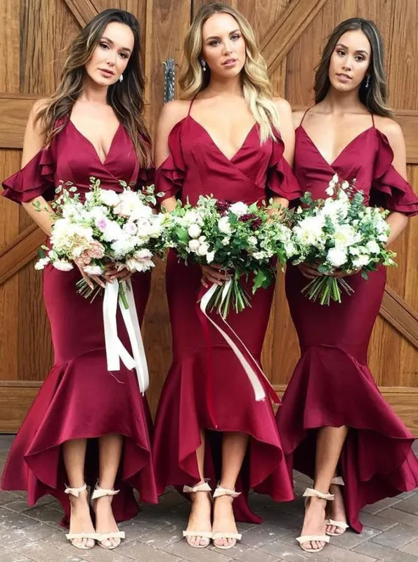 Mermaid Spaghetti Straps Wine Dark Red Bridesmaid Dress