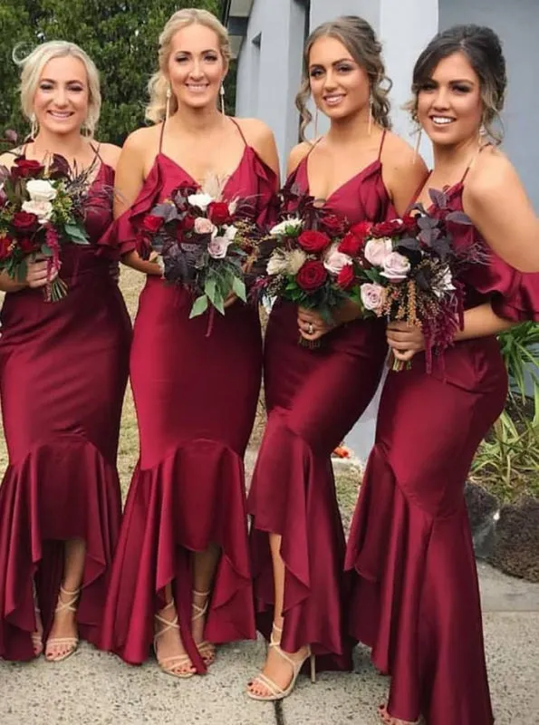 Mermaid Spaghetti Straps Wine Dark Red Bridesmaid Dress