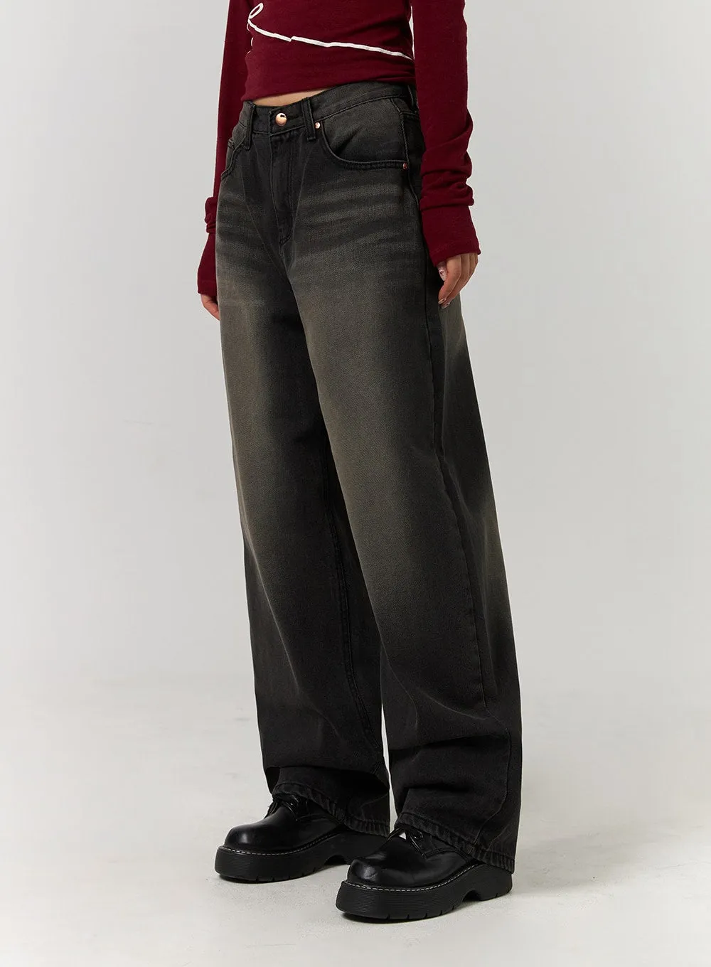 Mid Waist Wide Leg Washed Jeans CD329