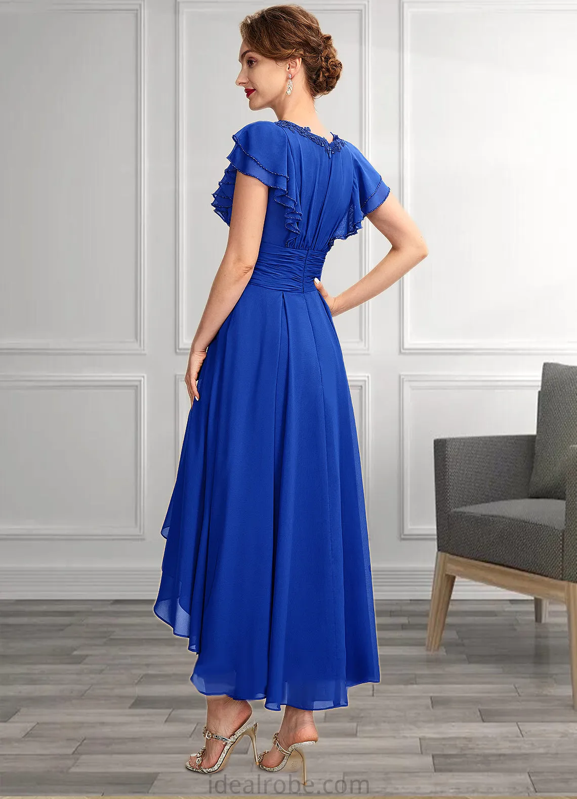 Mignon A-Line V-neck Asymmetrical Chiffon Mother of the Bride Dress With Beading Appliques Lace Sequins Cascading Ruffles STK126P0014994