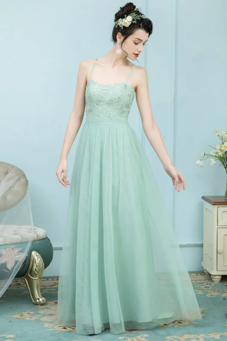 Mina Tulle A-Line/Princess Floor Length Natural Waist Sleeveless Spaghetti Straps Bridesmaid Dresses