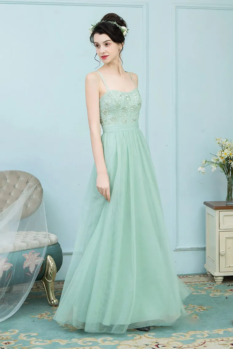 Mina Tulle A-Line/Princess Floor Length Natural Waist Sleeveless Spaghetti Straps Bridesmaid Dresses