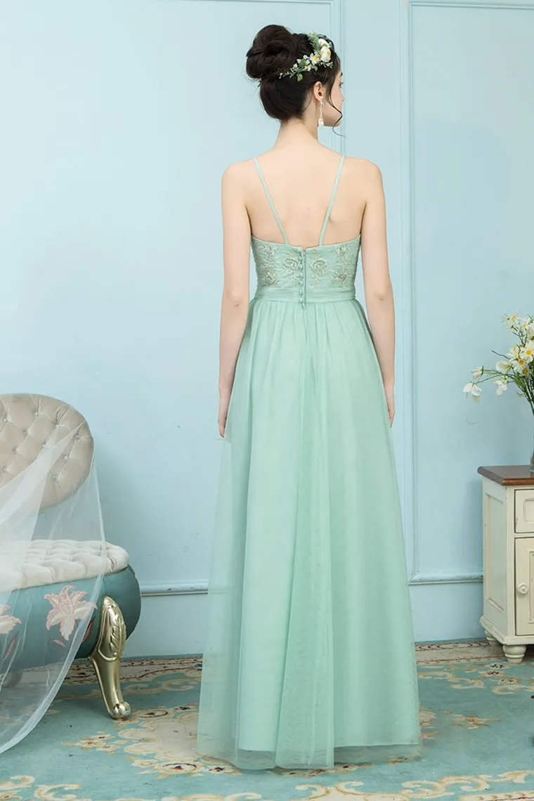 Mina Tulle A-Line/Princess Floor Length Natural Waist Sleeveless Spaghetti Straps Bridesmaid Dresses