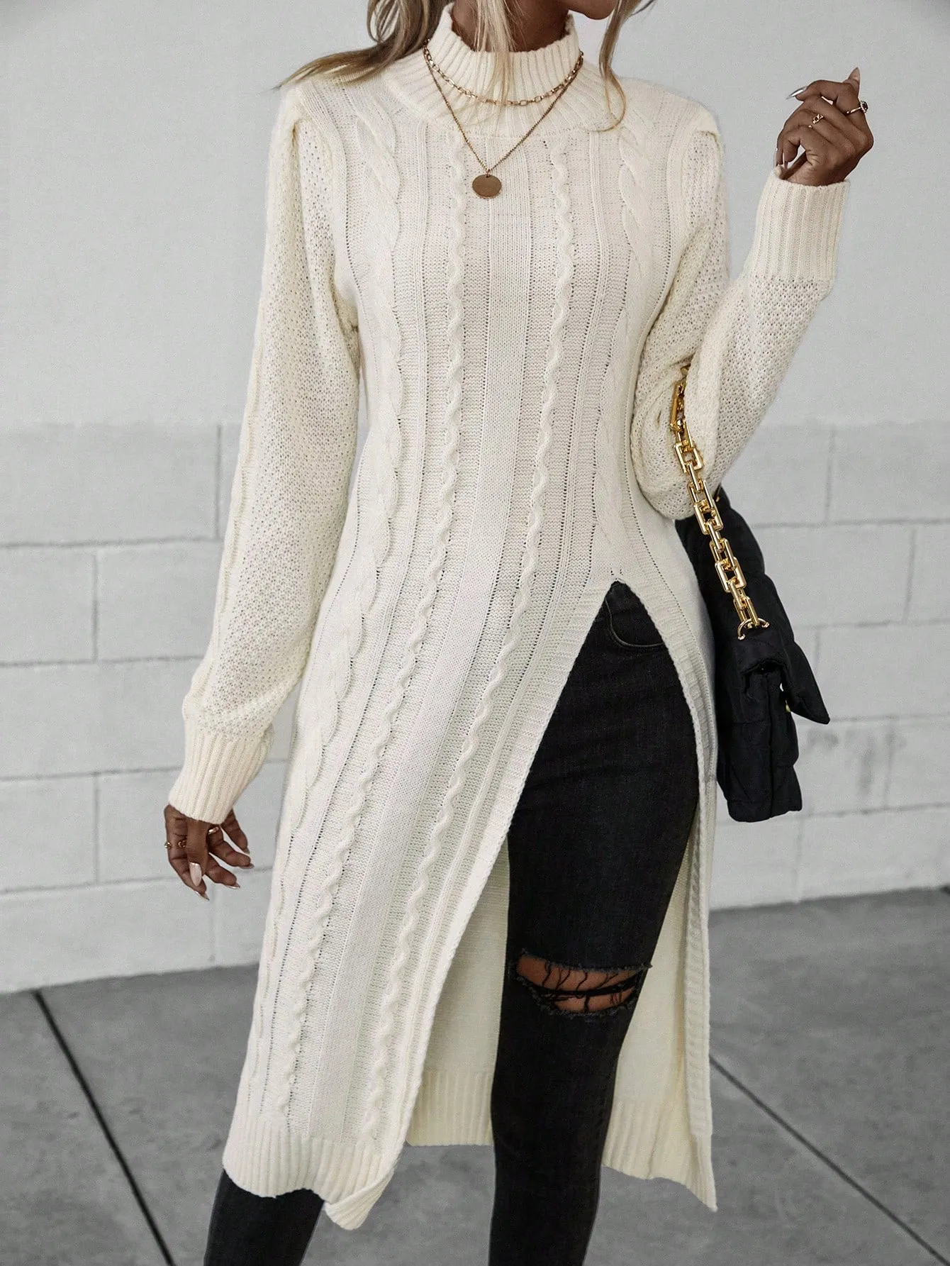 Mock Neck Split Thigh Cable Knit Sweater