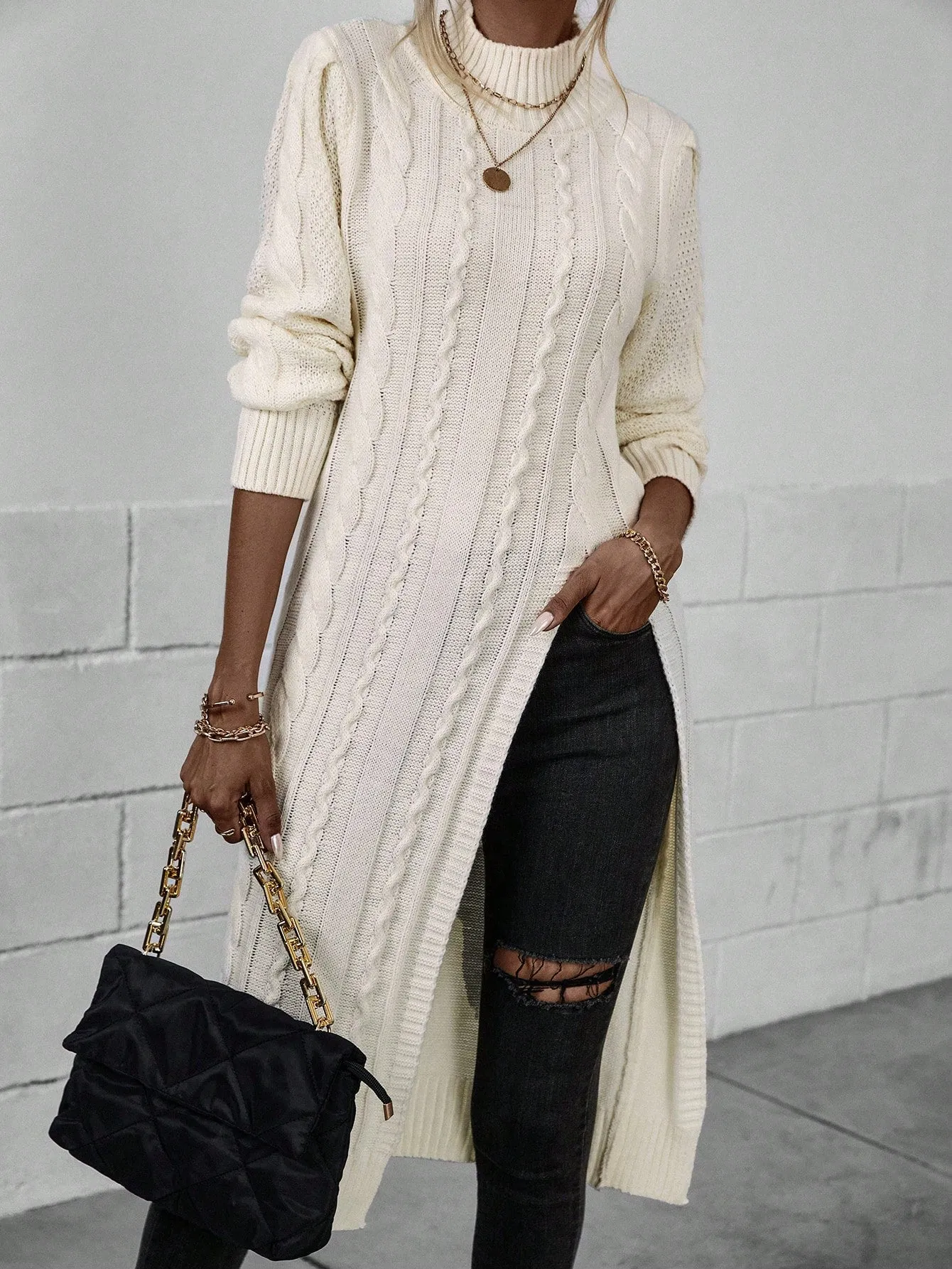 Mock Neck Split Thigh Cable Knit Sweater