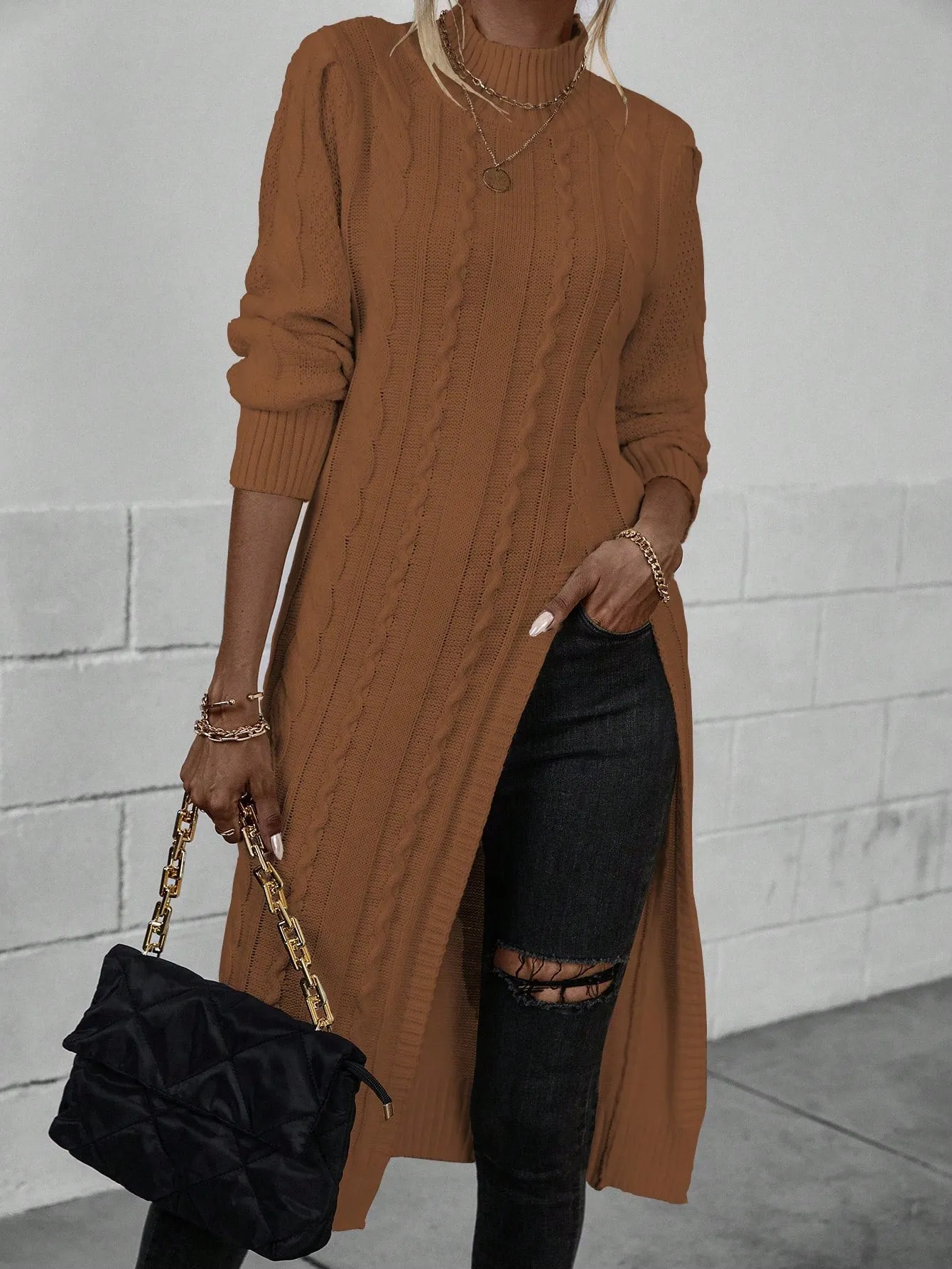 Mock Neck Split Thigh Cable Knit Sweater