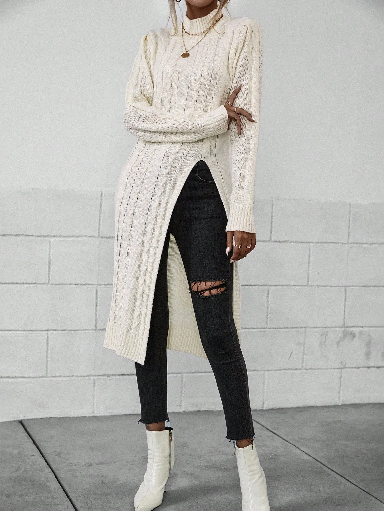 Mock Neck Split Thigh Cable Knit Sweater