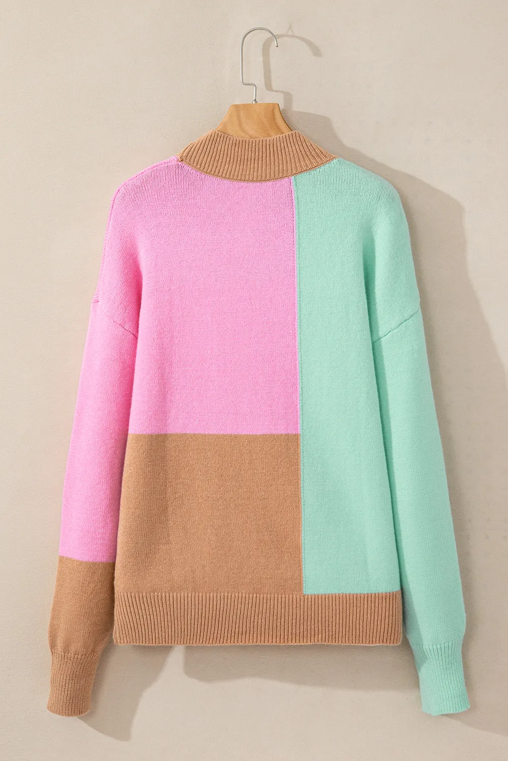 Multicolour Colorblock Mock Neck Ribbed Trim Sweater