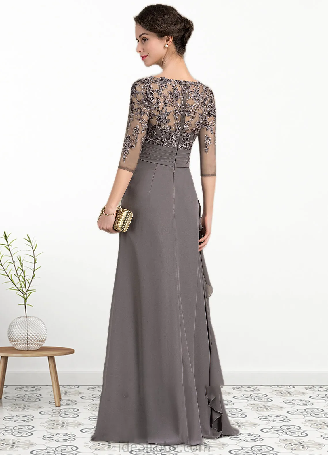 Nicole A-line V-Neck Floor-Length Chiffon Lace Mother of the Bride Dress With Cascading Ruffles STK126P0014645