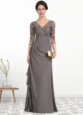 Nicole A-line V-Neck Floor-Length Chiffon Lace Mother of the Bride Dress With Cascading Ruffles STK126P0014645