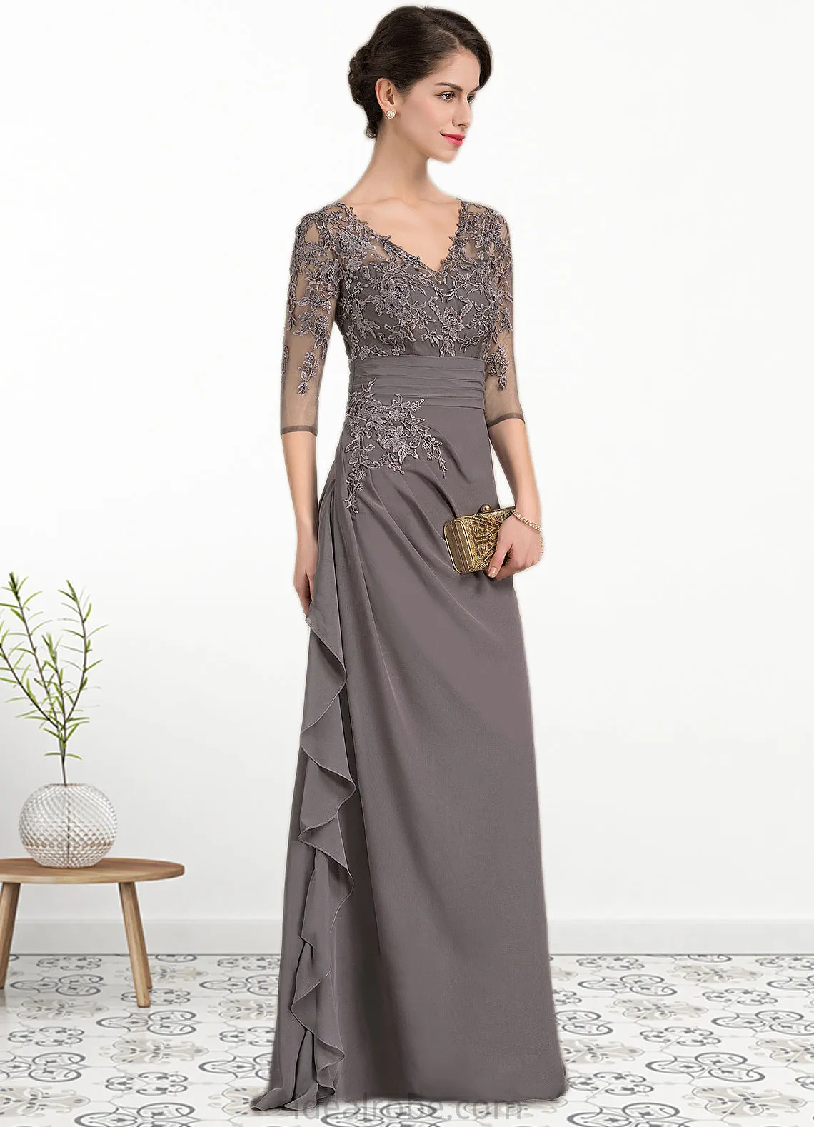 Nicole A-line V-Neck Floor-Length Chiffon Lace Mother of the Bride Dress With Cascading Ruffles STK126P0014645