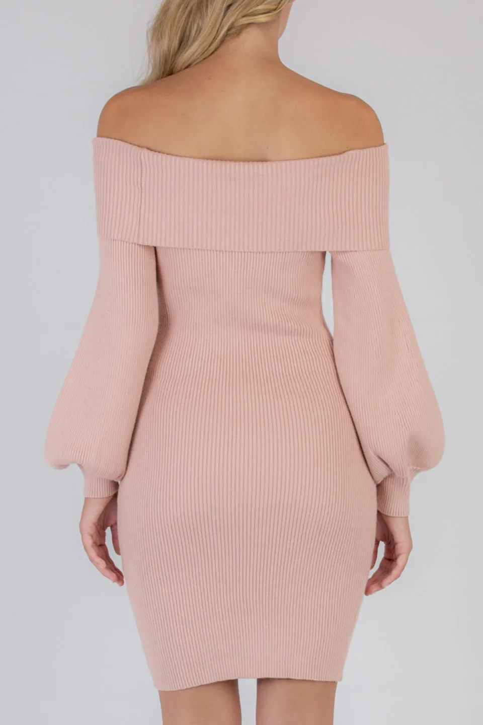 Off Shoulder Bubble Sleeve Blush Knit Dress