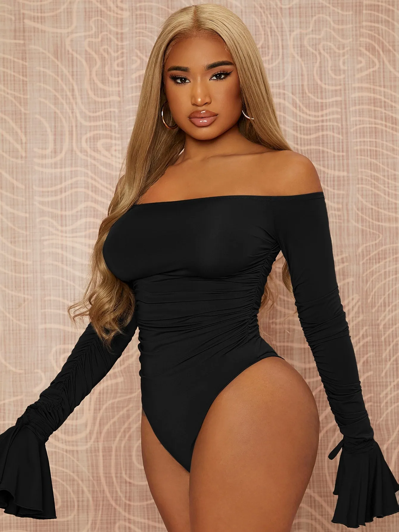 Off Shoulder Flounce Sleeve Ruched Bodysuit