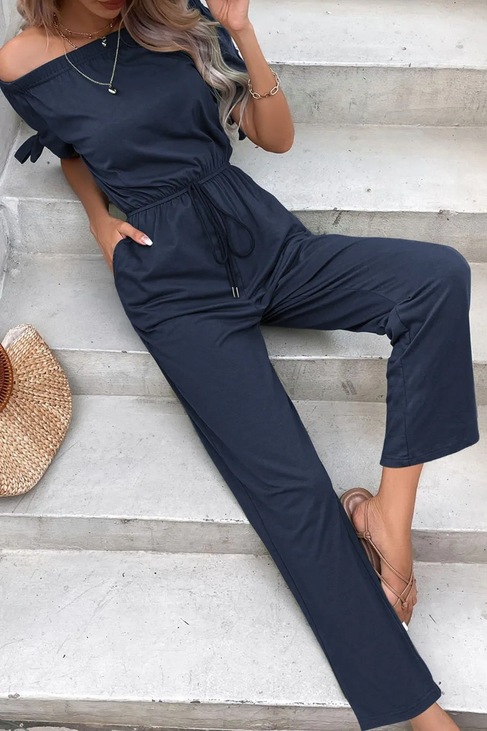 Off-Shoulder Tie Cuff Jumpsuit with Pockets