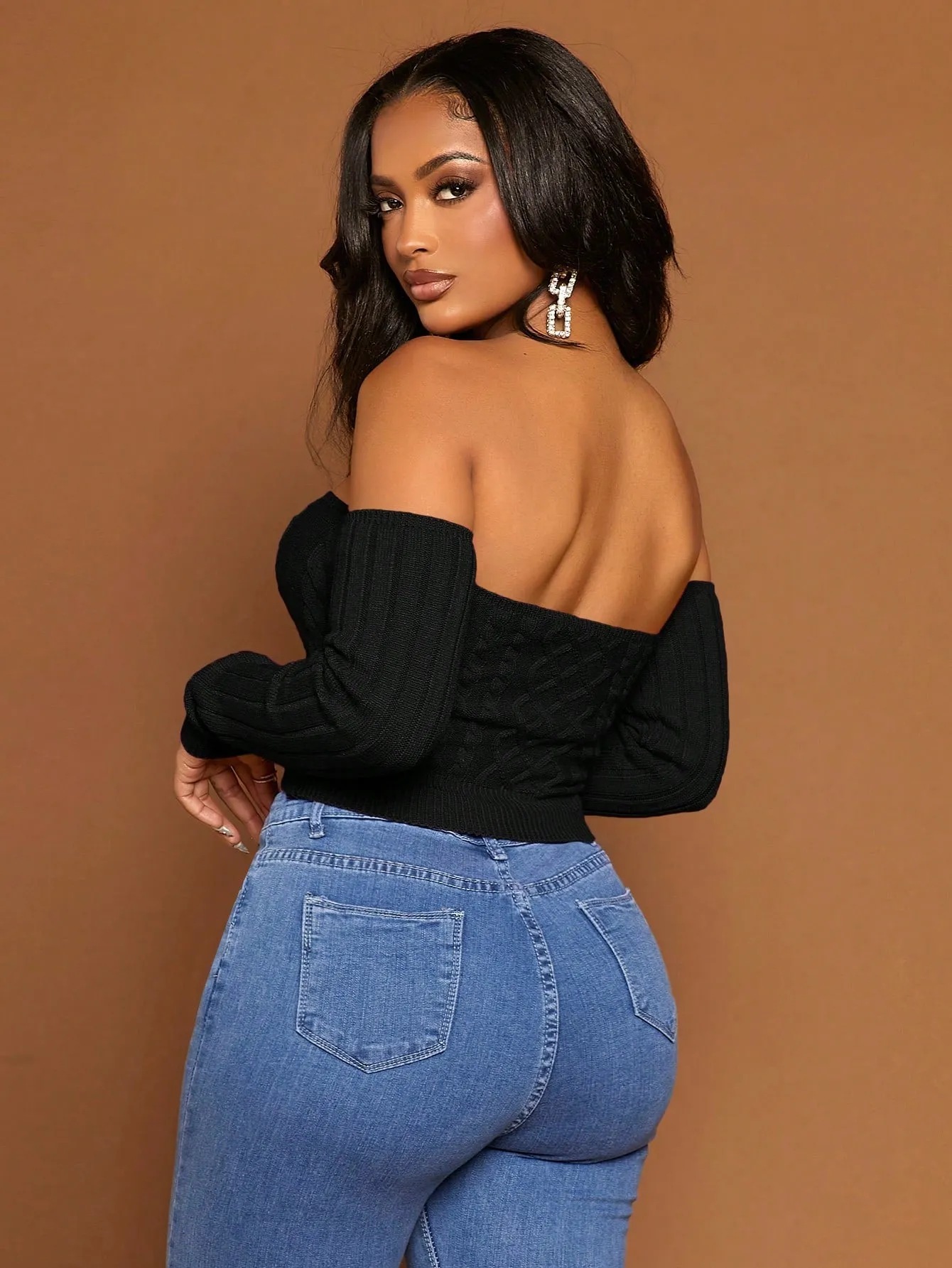 Off The Shoulder Cable Knit Crop Sweater