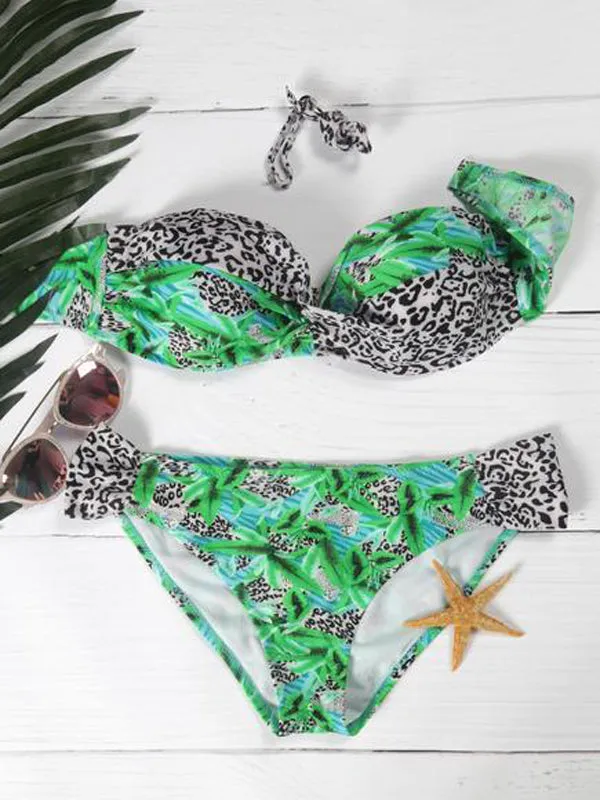 Off-the-shoulder Floral Print Bikini Sets