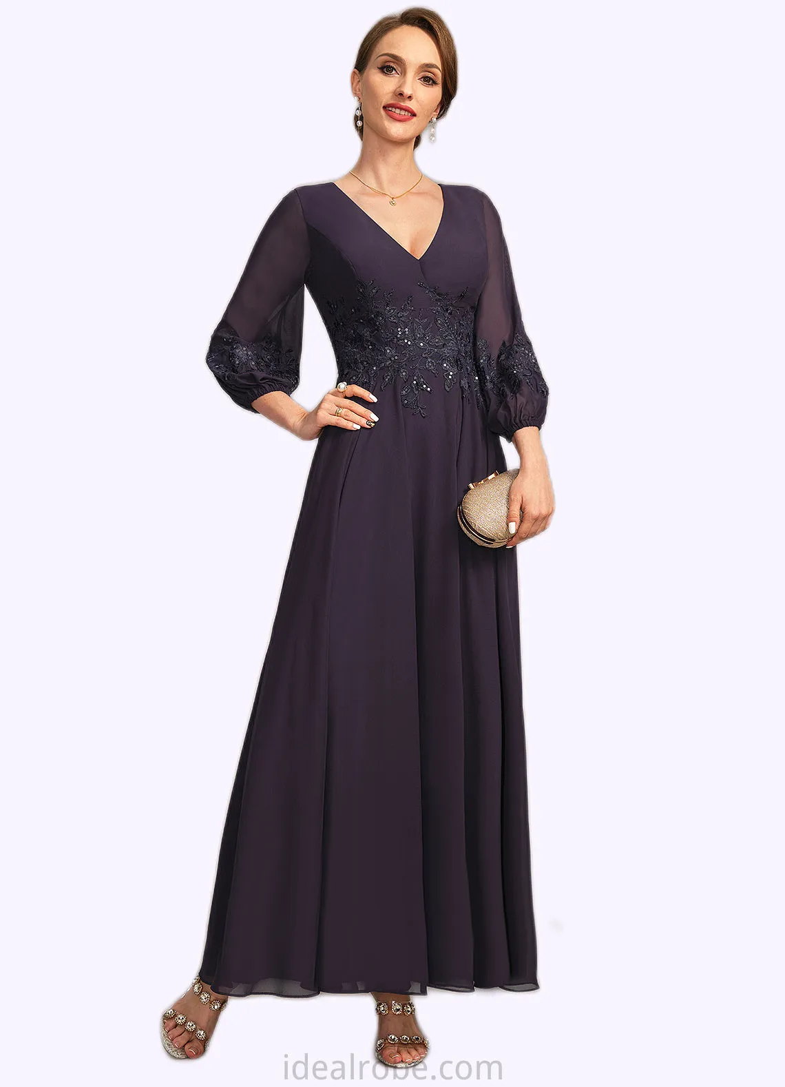 Olive A-line V-Neck Ankle-Length Chiffon Lace Mother of the Bride Dress With Sequins STKP0021655