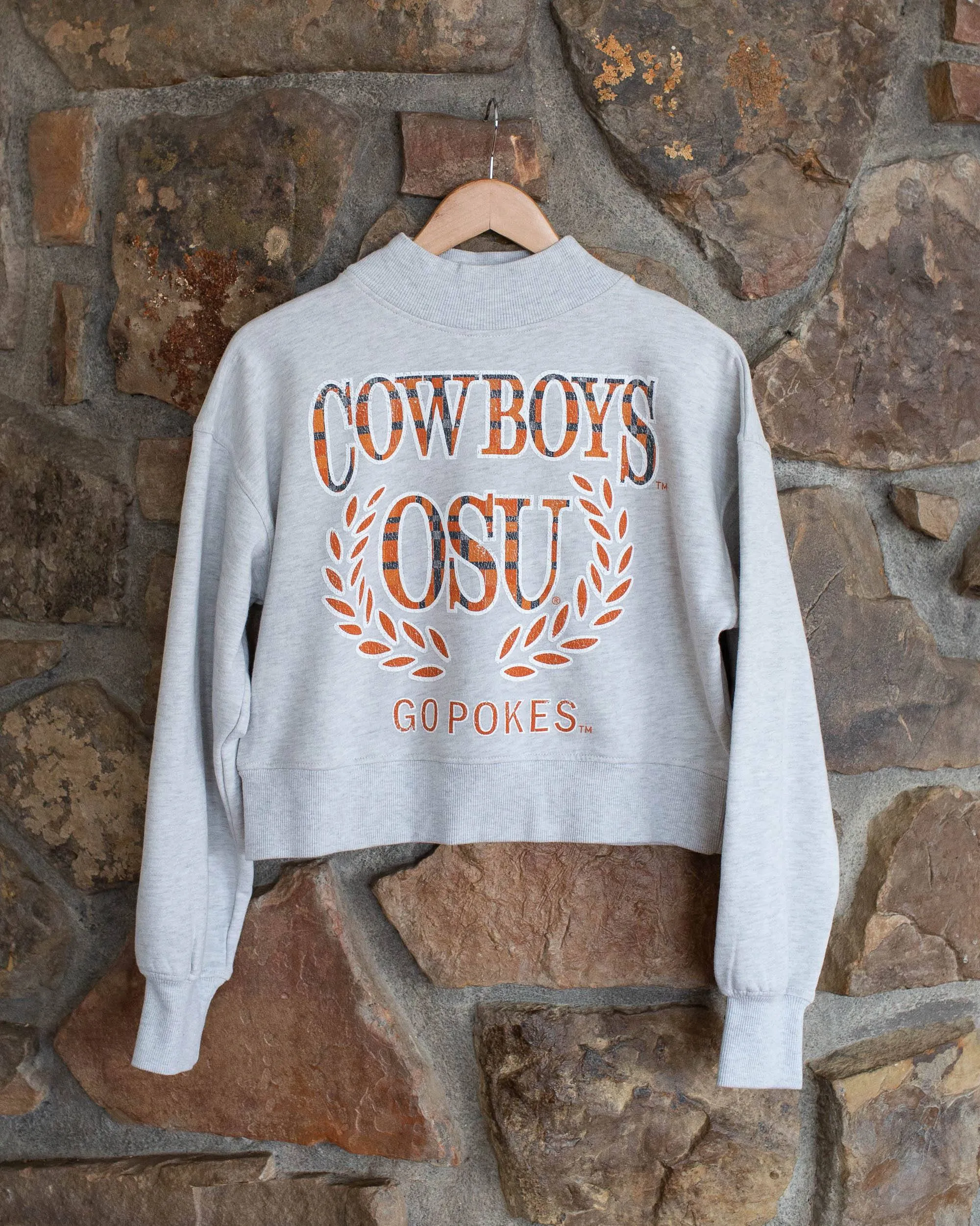 OSU Cowboys Plaid Crest Gray Mock Neck Cropped Sweatshirt