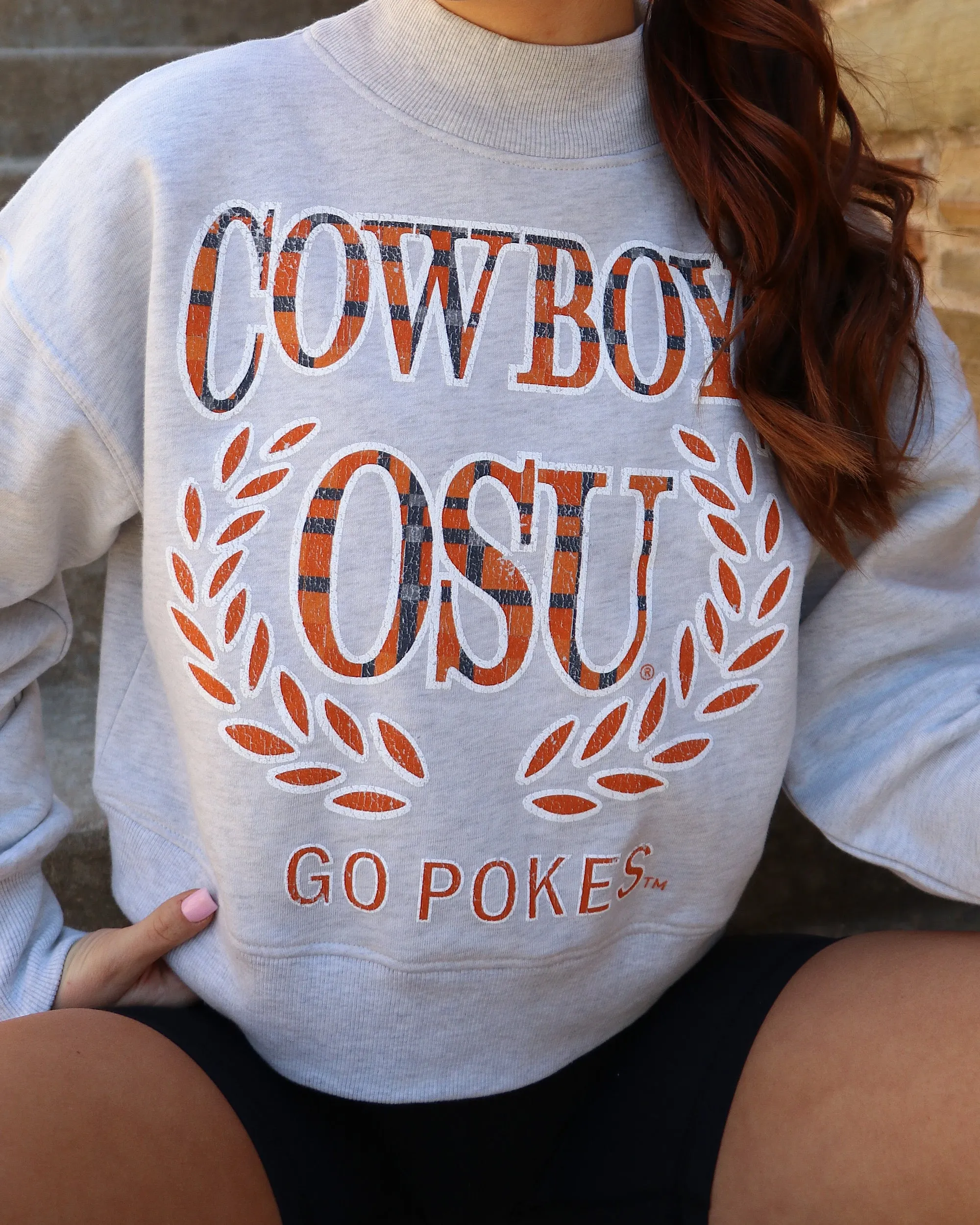 OSU Cowboys Plaid Crest Gray Mock Neck Cropped Sweatshirt