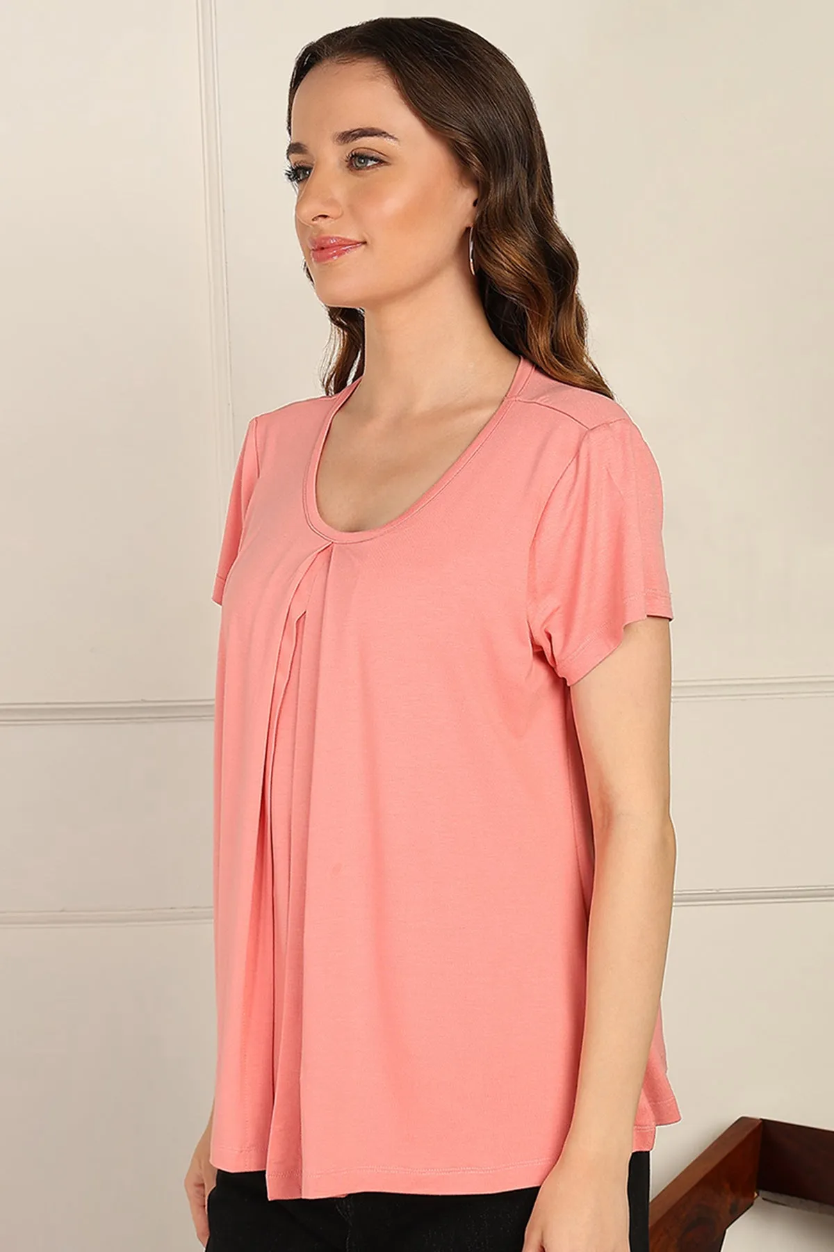 Peach Front & Back Pleated Zipless Nursing Top