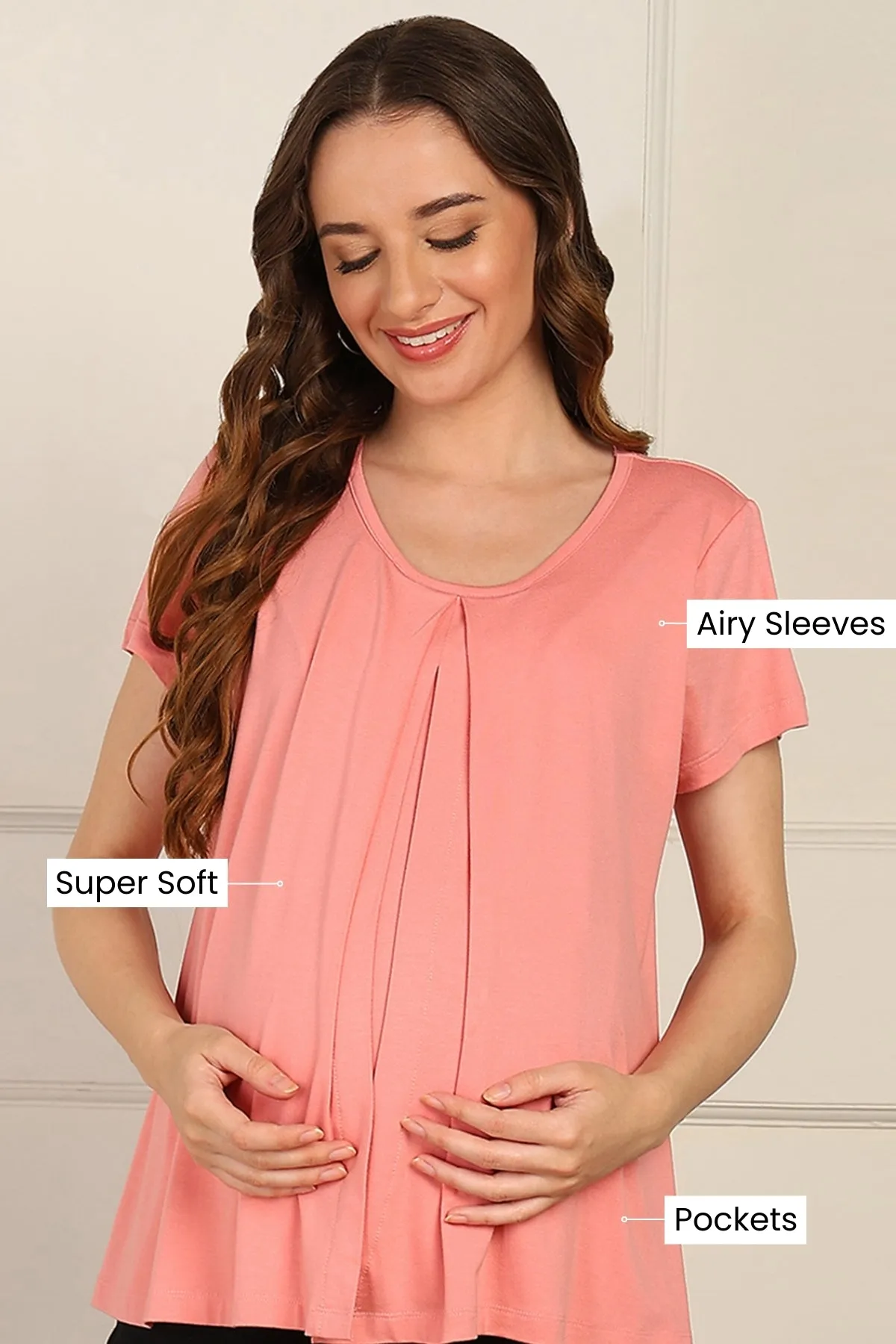 Peach Front & Back Pleated Zipless Nursing Top