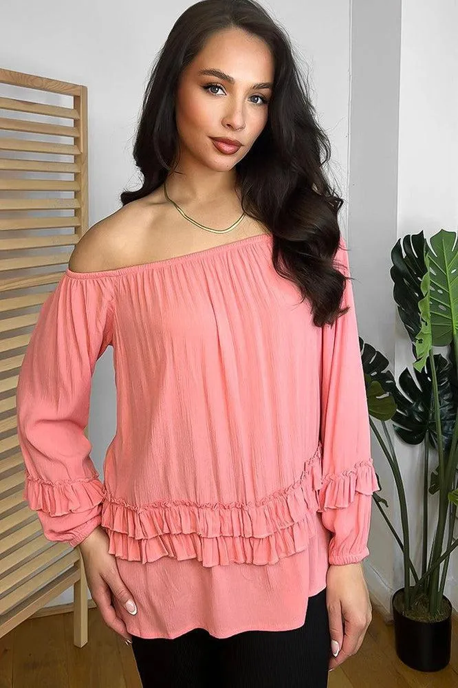 Pink Frilled Details Off Shoulder Blouse